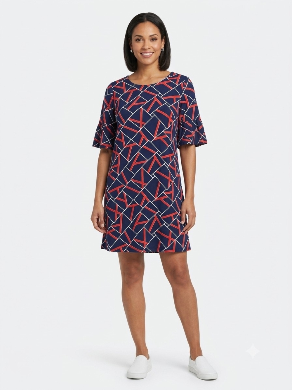 Buenos Ninos Women's Navy Geometric Shift Dress Size M NWT P2P 19in
